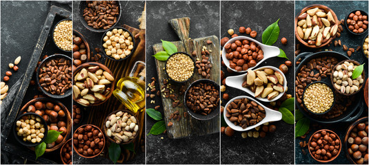 Collage. Black background of nuts. Assortment of nuts.