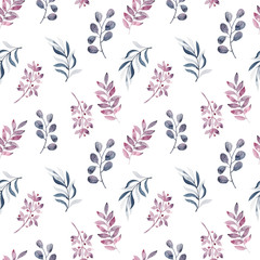 Fototapeta na wymiar Beautifull seamless pattern with watercolor folliage. Hand painted illustration. Violet branches and leaves. Best for background, wallpaper, wrapping paper, textile, bedding fabric, prins, fashion