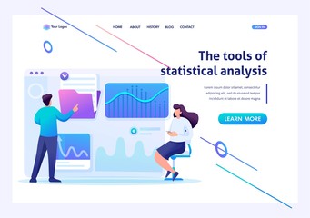 Young entrepreneurs testing statistical analysis tools on a tablet. Flat 2D character. Landing page concepts and web design