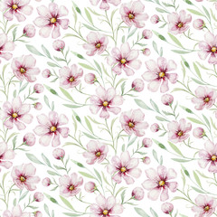 Seamless pattern of blossom pink cherry flowers in watercolor style with white background. Summer blooming japanese sakura branch decoration