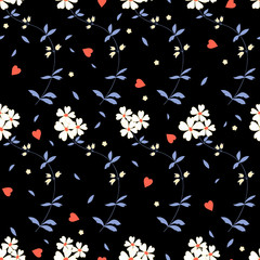 Seamless Vector Floral pattern with small flowers, branches and hearts for decoration, print, textile, fabric, stationery