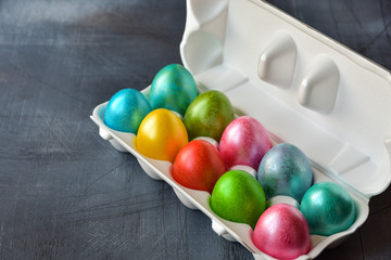 Happy Easter, colorful Easter eggs. selective focus, Top view with copy space.