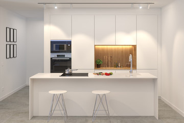 3d render of modern white kitchen with island front