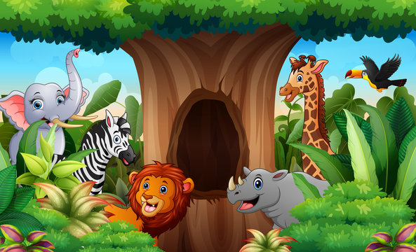 Zoo animals under the hollow tree landscape