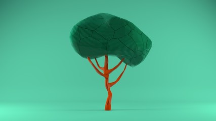 3D rendering of a polygonal model of a green tree with a crown cut into flat elements. Tree in a single version. The idea of endangered plant species, environmental protection. Background image