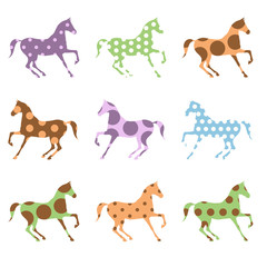 Horse silhouette with polka dot pattern set. Сolorful funny handmade craft style. Vector abstract. Equestrian cute retro design ornament.