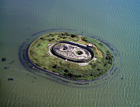 Pampus, Holland, July 11 - 1990: Historical aerial photo of the artificial island Pampus,a late 19th-century sea fort located in the IJmeer