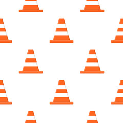 Seamless pattern with traffic cones isolated on white background. Cartoon style. Vector illustration for design, web, wrapping paper, fabric, wallpaper.