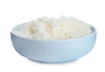 Bowl with cooked rice isolated on white
