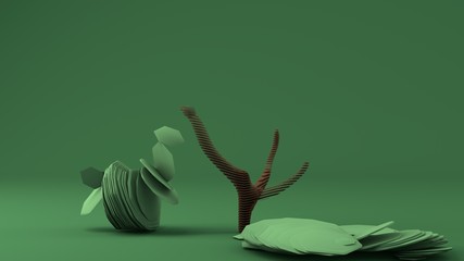 3D rendering of a polygonal model of a green tree that collapses and dies. Low poly style. A tree with a crown of cut green spheres. The idea of environmental protection, Minimalism in the image.