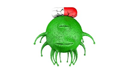 3D rendering of one-eyed scary and green virus. Coronavirus from China. Made in China. The coronavirus is asleep, the pill hits the head. Illustration for medical and scientific compositions.