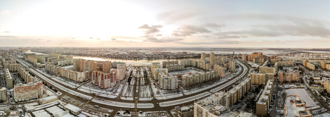 winter air drone landscape - modern high-rise apartment buildings at the intersection of Platanov Boulevard and Chekistov Avenue on the Western outskirts of Krasnodar (southern Russia) near the Kuban 