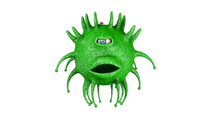 3D rendering of one-eyed scary and green virus. Coronavirus from China. Made in China. The coronavirus is furious and dangerous. Illustration for medical and scientific compositions.