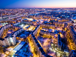 Winter evening aerial view to residential area in Kharkiv, Ukrai