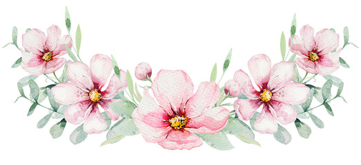wreath of blossom pink cherry flowers in watercolor style with white background. Set of summer blooming japanese sakura branch decoration