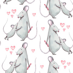 Beautiful seamless watercolor pattern with cute mouse and red candy. Perfect for your project,packaging. Wallpaper,cover design, invitations, birthday, valentine's day.