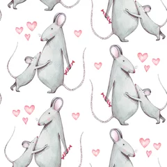 Behang Aquarel prints Mooi naadloos aquarelpatroon met schattige muis en rode snoep. Perfect voor uw project, verpakking. Behang, omslagontwerp, uitnodigingen, verjaardag, valentijnsdag.