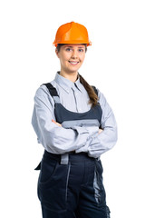 girl civil engineer smiling at the camera and ready to start work. Isolated