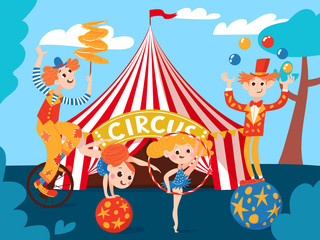 Obraz na płótnie Canvas Circus background with artoon cute circus characters