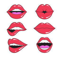 Fototapeta na wymiar Woman lips with smile, kiss. Mouths collection of girl retro style for comic book. Female open mouth with teeth. Sticker lip shape for face. Lady with red lipstick, makeup expressing emotion. Vector