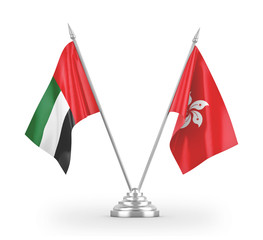 Hong Kong and United Arab Emirates table flags isolated on white 3D rendering