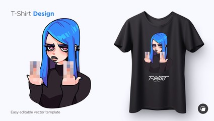 T-shirt design of angry cool girl girl showing her middle fingers. Anime style illustration for t-shirts, posters, sweatshirts and souvenirs - obrazy, fototapety, plakaty
