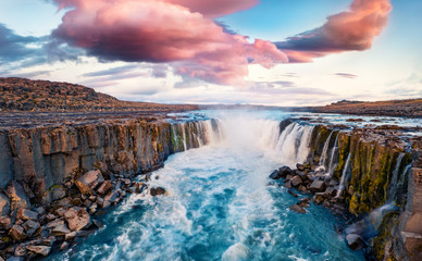 View from flying drone of Selfoss Waterfall. Incredible summer sunrise on Jokulsa a Fjollum river, Jokulsargljufur National Park. Colorful morning scene of Iceland, Europe.