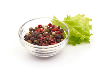 Pepper mix. Black, red and white peppercorns, isolated on white background