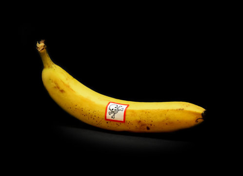 Banana with warning symbol stock images. Poisonous Banana stock images. Banana isolated on a black background. Poisonous Banana with warning pictogram