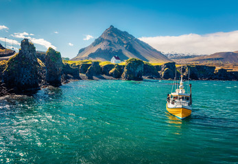 Fototapeta premium Picturesque morning view of small fishing village at the foot of Mt. Stapafell - Arnarstapi or Stapi. Stunning summer scene of Icelandic countryside. Traveling concept background.