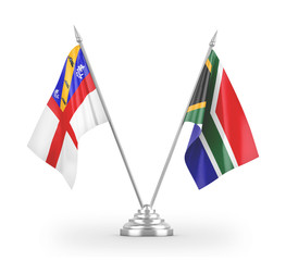 South Africa and Herm table flags isolated on white 3D rendering