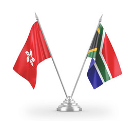 South Africa and Hong Kong table flags isolated on white 3D rendering