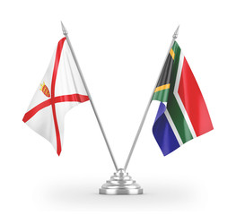 South Africa and Jersey table flags isolated on white 3D rendering