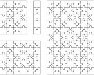 Illustration of four different white puzzles, separate pieces