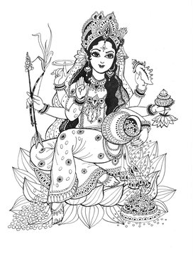 The goddess Lakshmi sits on a lotus flower with various attributes of wealth in her hands. Young beauty Goddess Lakshmi, prosperity, beauty, love, abundance. Graphic drawing on a white background.