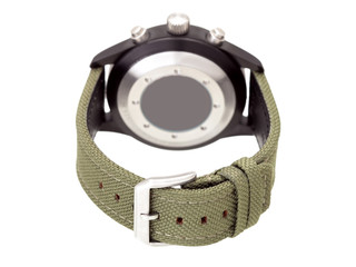 Obraz premium Men's wristwatch with a green textile with stitch strap in a steel case isolated on a white background back view.