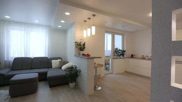 loft apartment with living room and kitchen.