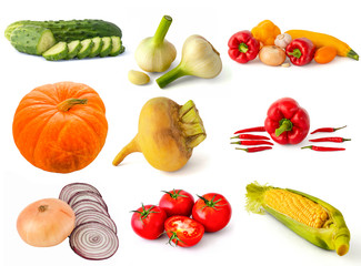 Cucumber garlic pepper onion pumpkin turnip chili pepper red hot chili pepper and corn cob on a white background