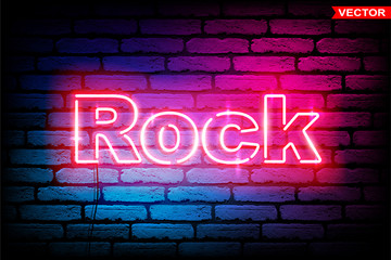 Pink Rock - retro 80s neon sign on brick wall. Luminous letters glow effects. High detailed symbols for advertising. Techno acid style. Vector typeface for headlines, posters, etc.