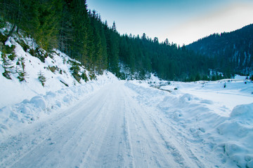 Snowy road in the Carpathian mountains. Carpathians, Ukraine. February 2013