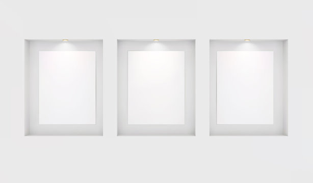 Three basics for your images in niches with backlighting on a white wall. Place for an exhibition. Top view mockup template for design. Light effect on a separate layer. Vector. Eps10.