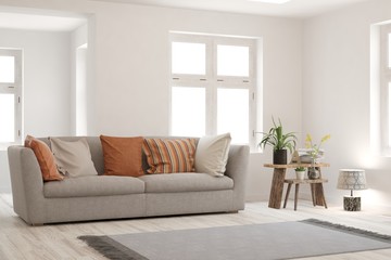 Stylish room in white color with sofa. Scandinavian interior design. 3D illustration