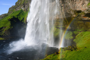 Powerful stream of Seljalandfoss waterfall