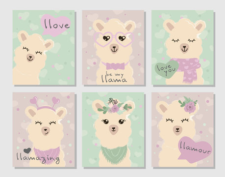 Vector cards love valentine day cute llama  alpaca with slogans character in pastel color. 