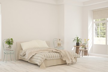 Stylish bedroom in white color. Scandinavian interior design. 3D illustration