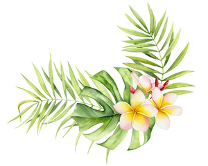 Fototapeta na wymiar Decorative bouquet with palm branches, monstera leaf and plumeria flowers. Watercolor illustration on a white background.