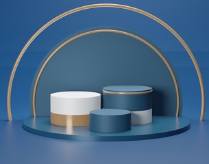 Glossy luxury podium for your design. Classic blue color of the year 2020. Fashion show stage,pedestal, shopfront. Empty scene for cosmetic show and mock up.
