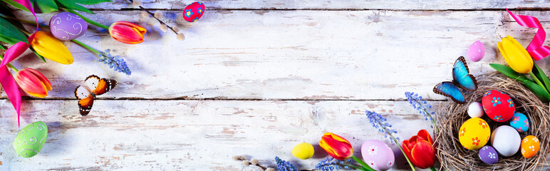Easter - Painted Eggs And Tulips On White Plank