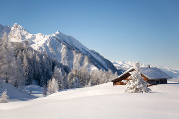 Picturesque winter scene with traditional alpine chalet and snowy forest