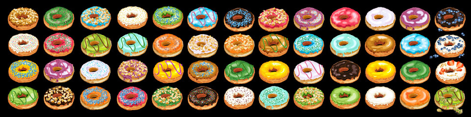 Set of colorful glazed donuts with sprinkles. Home made donuts in pastel tones with different fillings and toppings. Vector Illustration - obrazy, fototapety, plakaty